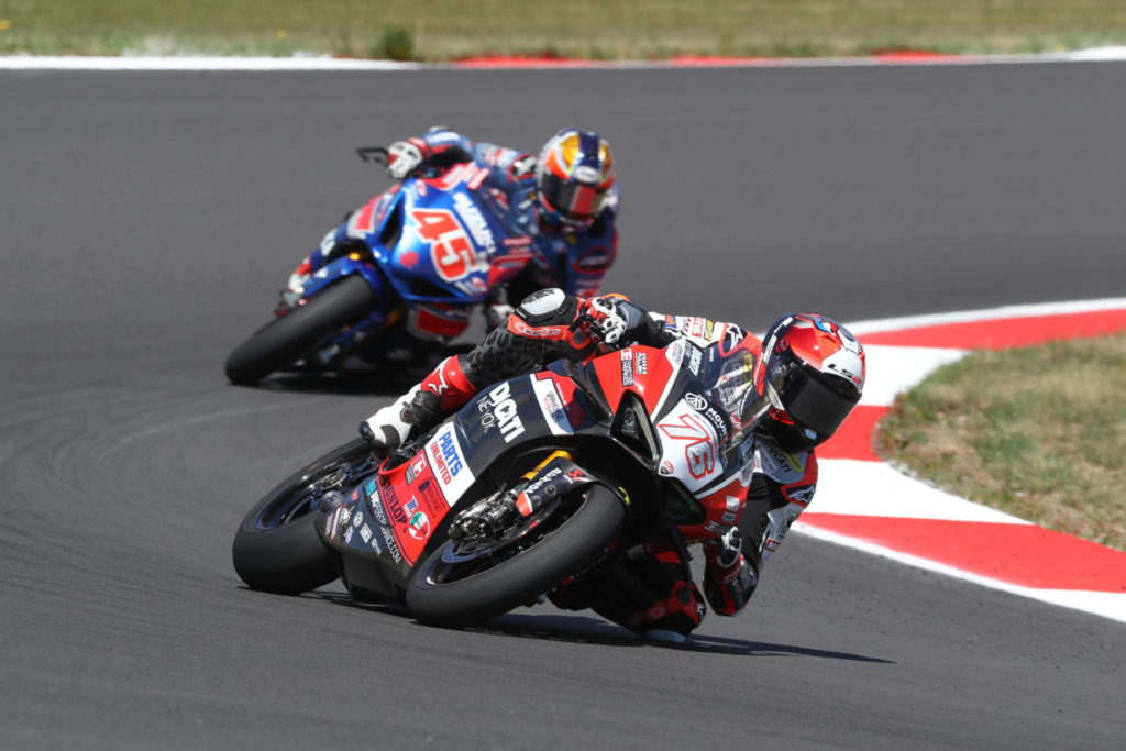 Loris Baz (76) leading Cameron Petersen (45). Photo by Brian J. Nelson, courtesy Ducati North America.