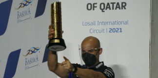 Esteban García Amoedo on the MotoGP podium, after Maverick Vinales won the opening race of the 2021 season in Qatar. Photo courtesy Monster Energy Yamaha.