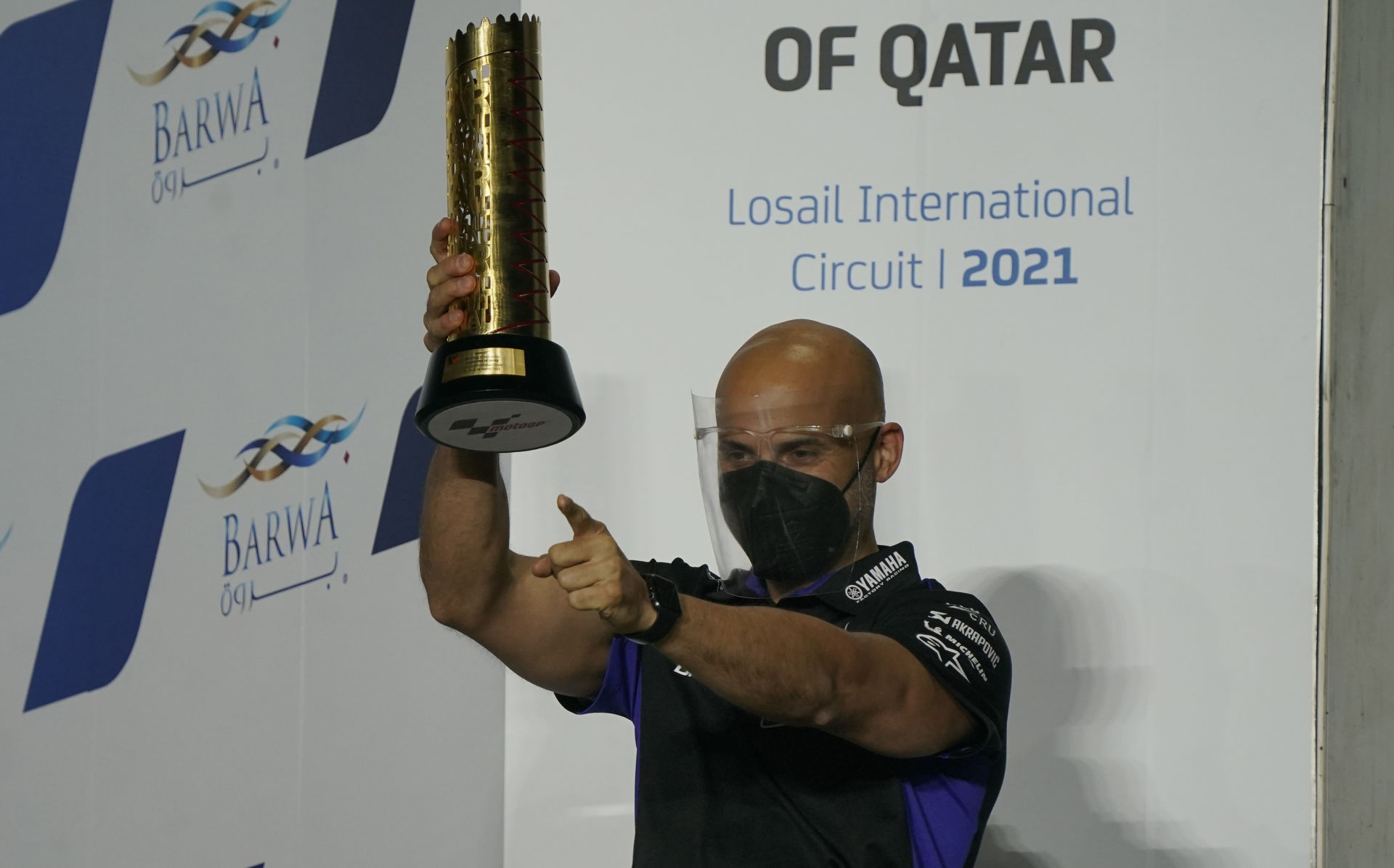 Esteban García Amoedo on the MotoGP podium, after Maverick Vinales won the opening race of the 2021 season in Qatar. Photo courtesy Monster Energy Yamaha.