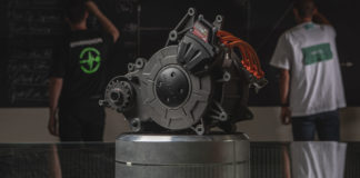 The new lighter, more powerful, more efficient, water-cooled electric motor co-engineered by Energica and Mavel. Photo courtesy Energica Motor Company.