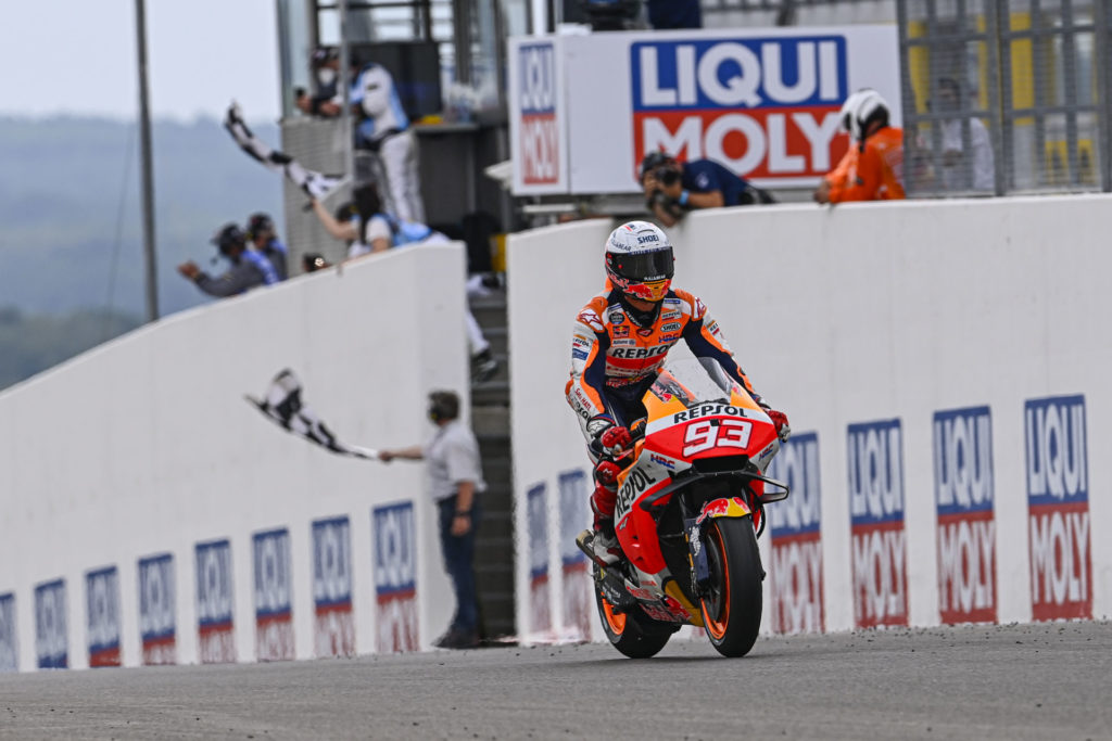 Marc Marquez (93), after taking the checkered flag at Sachsenring. Photo courtesy Dorna.