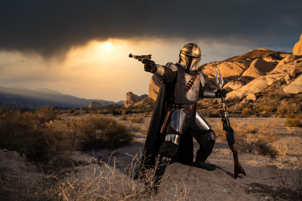 A science fiction fan dressed as the Star Wars character The Mandalorian. Photo courtesy SWOOP GP.