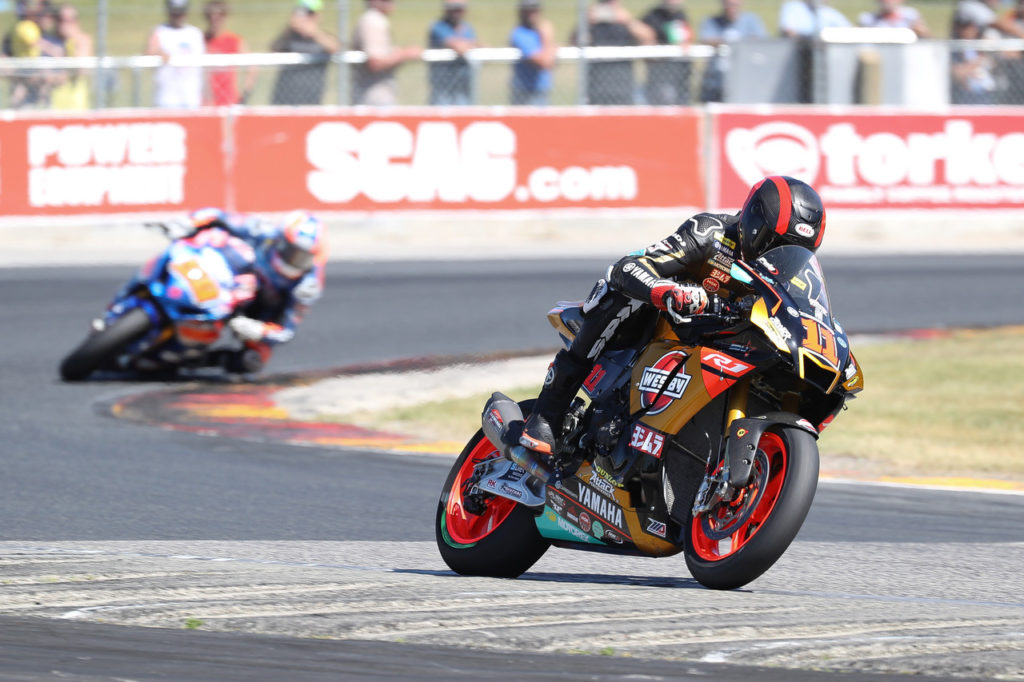 Mathew Scholtz (11) at speed during Superbike Race Two at Road America. Photo by Brian J. Nelson, courtesy Westby Racing.