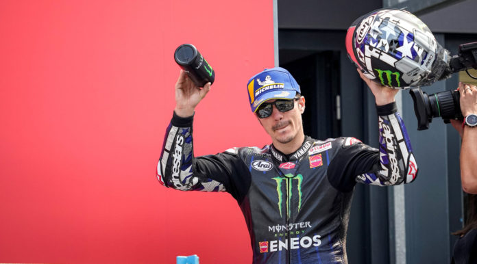Maverick Vinales on the podium Sunday at Assen. Photo courtesy Monster Energy Yamaha.