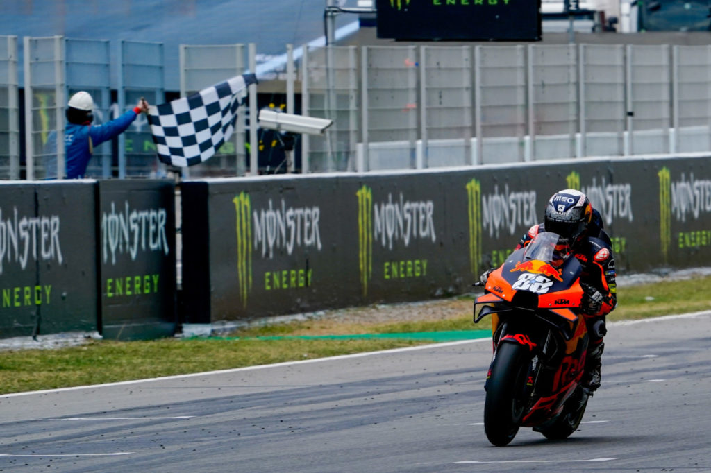 Miguel Oliveira (88) takes the checkered flag at Catalunya. Photo courtesy Dorna.