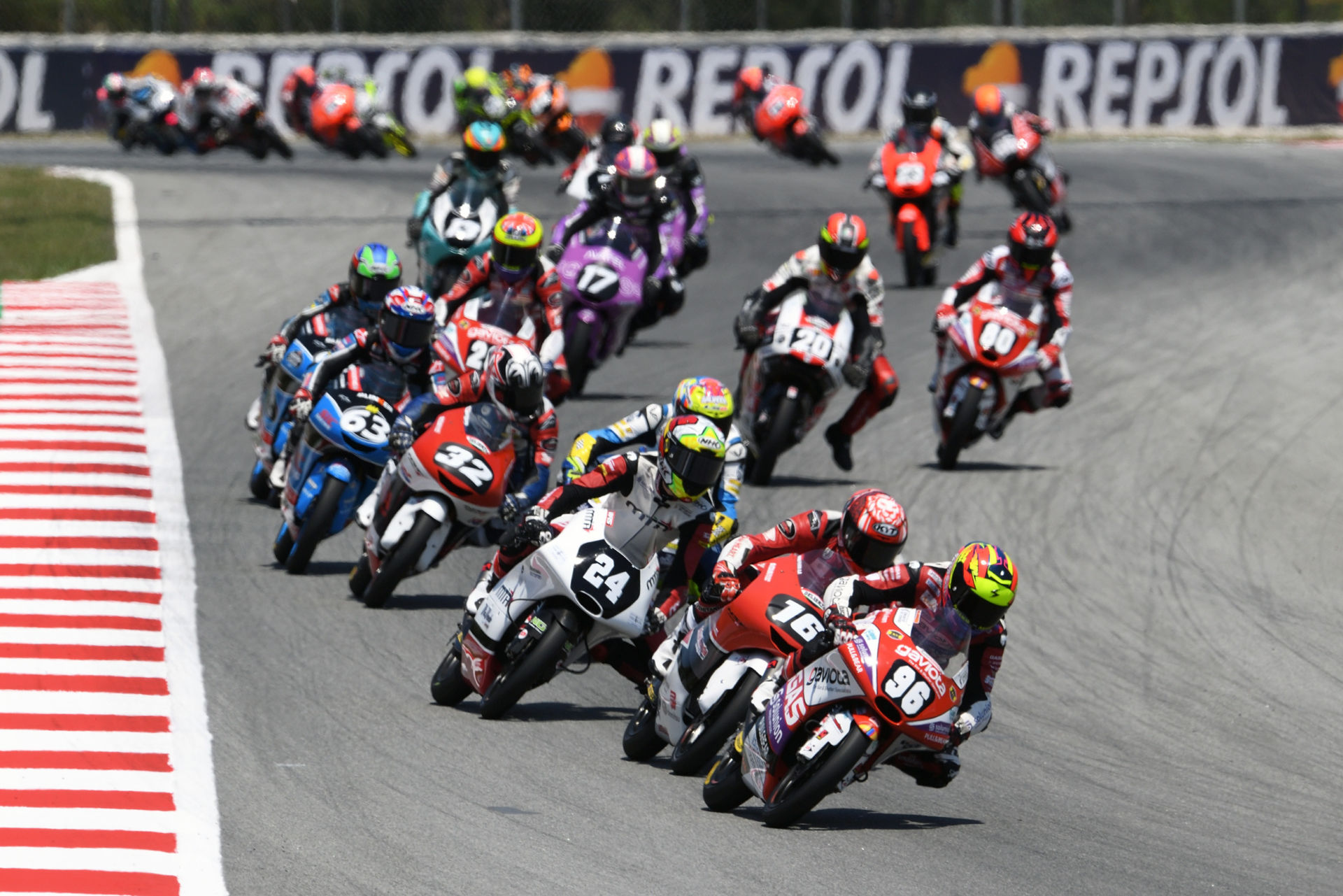 Daniel Holgado (96) leads the start of Moto3 Race Two at Catalunya. Courtesy FIM CEV Repsol Press Office.