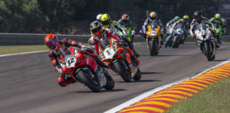 Oli Bayliss (32) leads Wayne Maxwell (1) in Australian Superbike Race Three at Hidden Valley Raceway. Photo by Optikal Photography, courtesy ASBK.