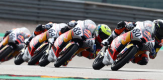 David Alonso (80) leads Marcos Uriarte (89), David Munoz (64), and Daniel Holgado (96) at Sachsenring. Photo courtesy Red Bull.