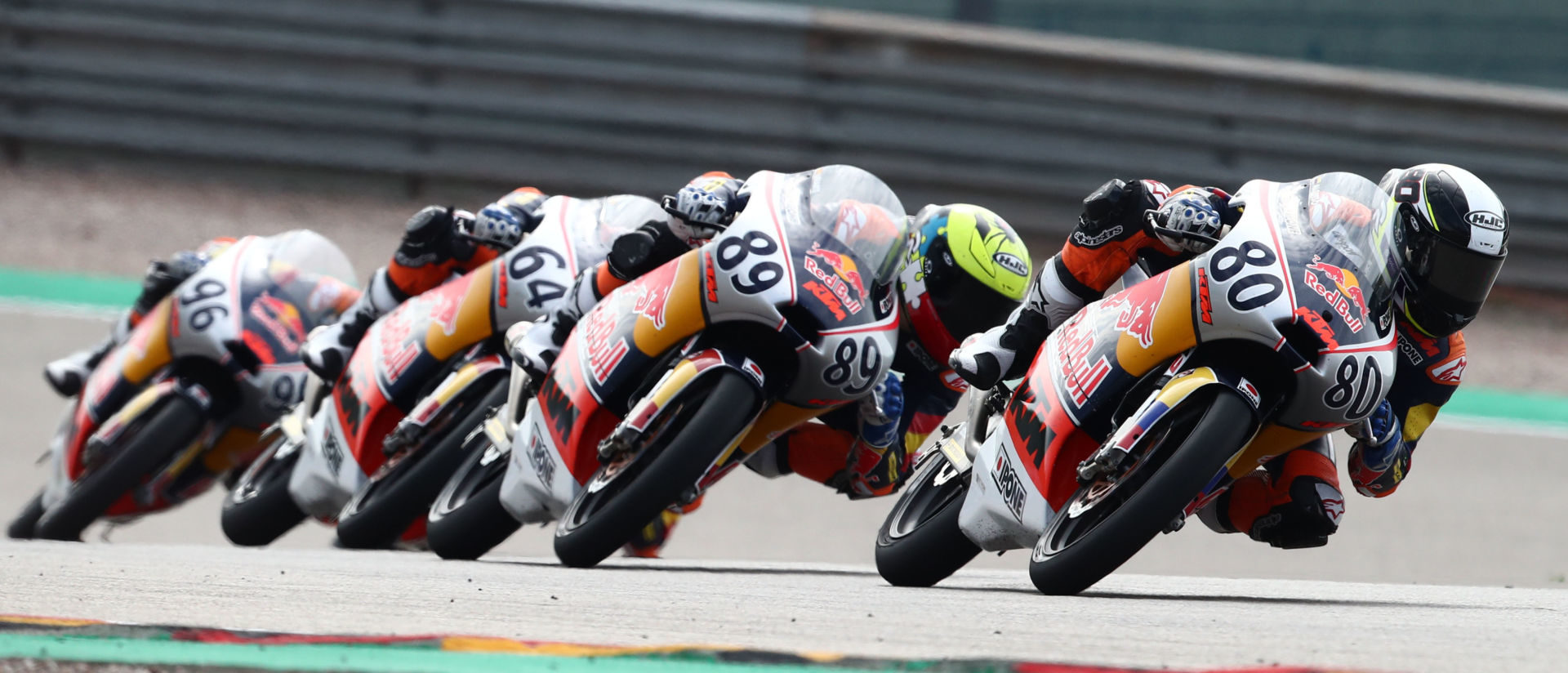 David Alonso (80) leads Marcos Uriarte (89), David Munoz (64), and Daniel Holgado (96) at Sachsenring. Photo courtesy Red Bull.