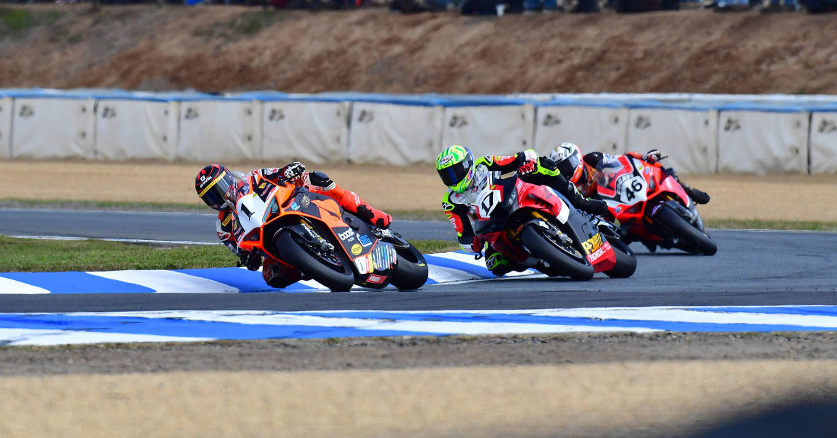 Wayne Maxwell (1), Troy Herfoss (17), and Mike Jones (46) in action at a previous ASBK round. Photo courtesy ASBK/Optikal.