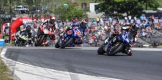 Jake Gagne (32) leads Cameron Petersen (45), Loris Baz (76) and Kyle Wyman (33) early in MotoAmerica Superbike Race Two. Photo by Brian J. Nelson.