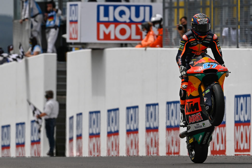 Remy Gardner (87) celebrates his victory at Sachsenring. Photo courtesy Dorna.