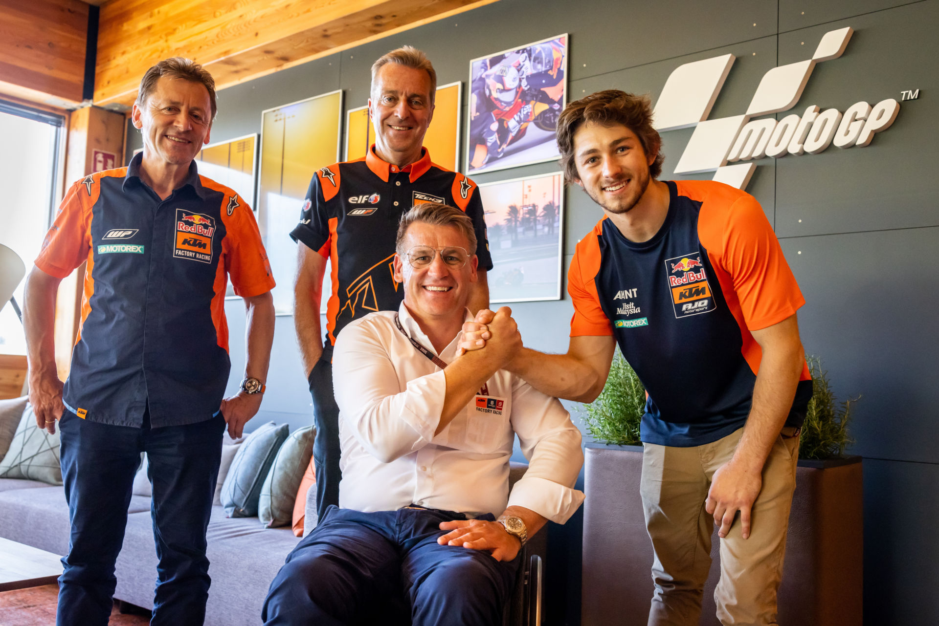 (From left): Red Bull KTM Team Manager Mike Leitner, Tech3 Racing Team Owner Hervé Poncharal, KTM Motorsports Director Pit Beirer, and Remy Gardner. Photo by Polarity Photo, courtesy KTM.