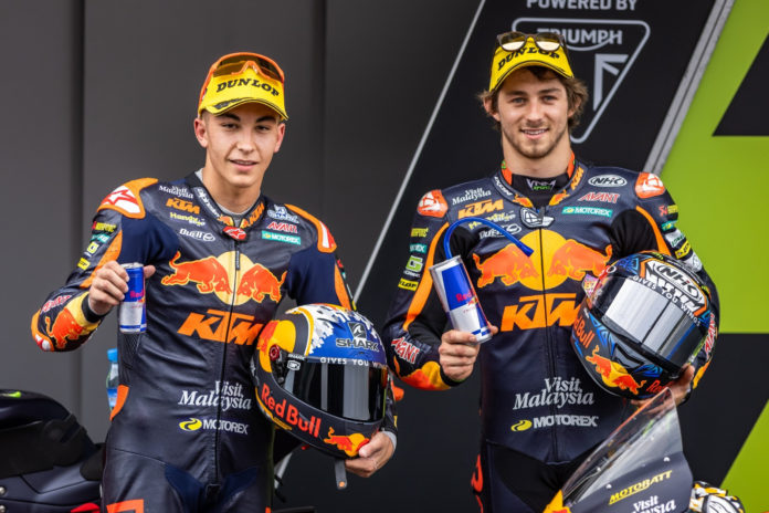 Remy Gardner (right) and Raul Fernandez (left) qualified 1-2 at Catalunya. Photo by Polarity Photo, courtesy KTM Factory Racing. Remy Gardner (right) and Raul Fernandez (left) qualified 1-2 at Catalunya. Photo by Polarity Photo, courtesy KTM Factory Racing.