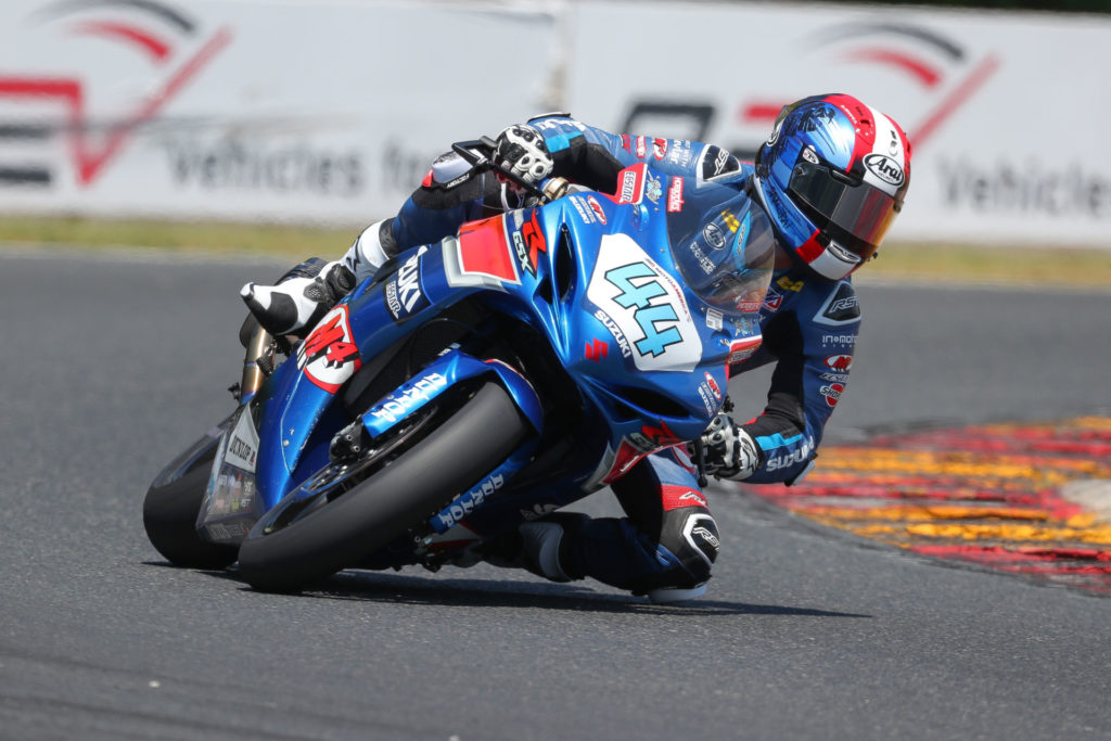 Sam Lochoff (44) took his first podium finish in the Supersport class on his Suzuki GSX-R600. Photo by Brian J. Nelson, courtesy Suzuki Motor USA.