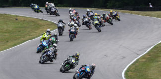 Sean Dylan Kelly (40) leading Richie Escalante (1), Benjamin Smith (88) and the rest of the MotoAmerica Supersport field at VIR. Photo by Brian J. Nelson.