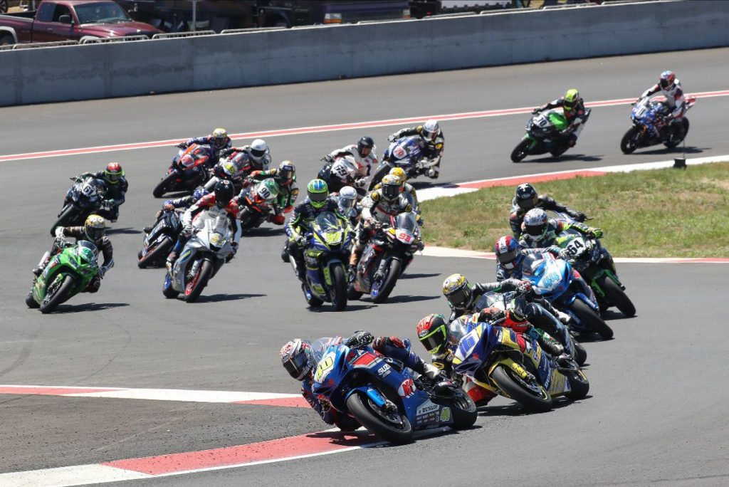 Sean Dylan Kelly (40) leads the start of MotoAmerica Supersport Race Two. Photo by Brian J. Nelson, courtesy MotoAmerica.