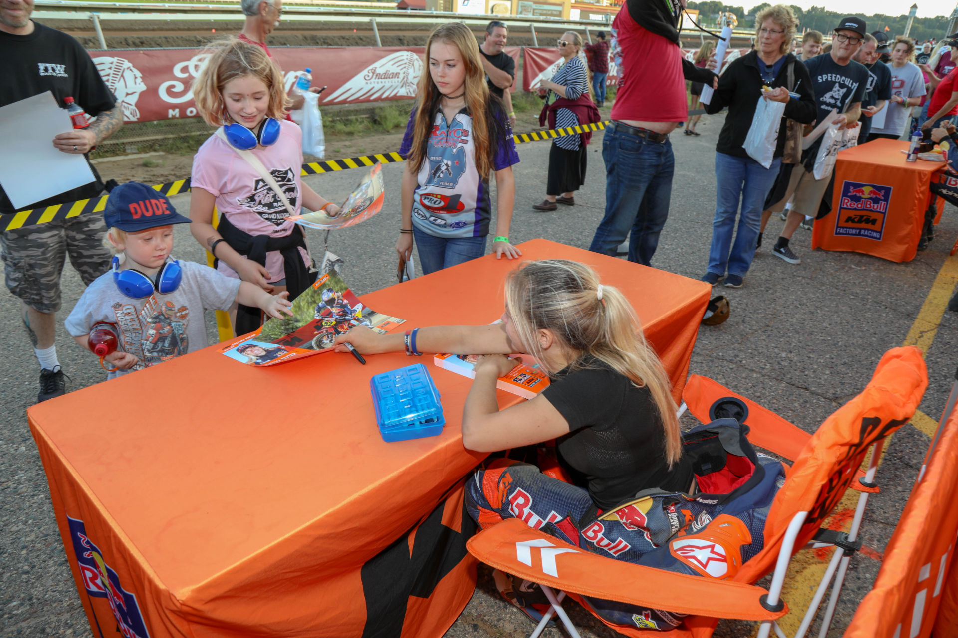 Shayna Texter-Bauman signing autographs for fans at an American Flat Track event in 2019. Photo courtesy AFT.