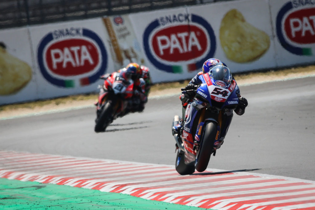 Toprak Razgatlioglu (54) leading Michael Ruben Rinaldi (21) at Misano. Photo courtesy Dorna.