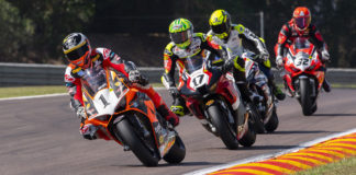 Wayne Maxwell (1) leads Troy Herfoss (17), Glenn Allerton (behind Herfoss), and Oli Bayliss (32) during Race One at Hidden Valley Raceway. Photo by Optikal Phtoography, courtesy ASBK.