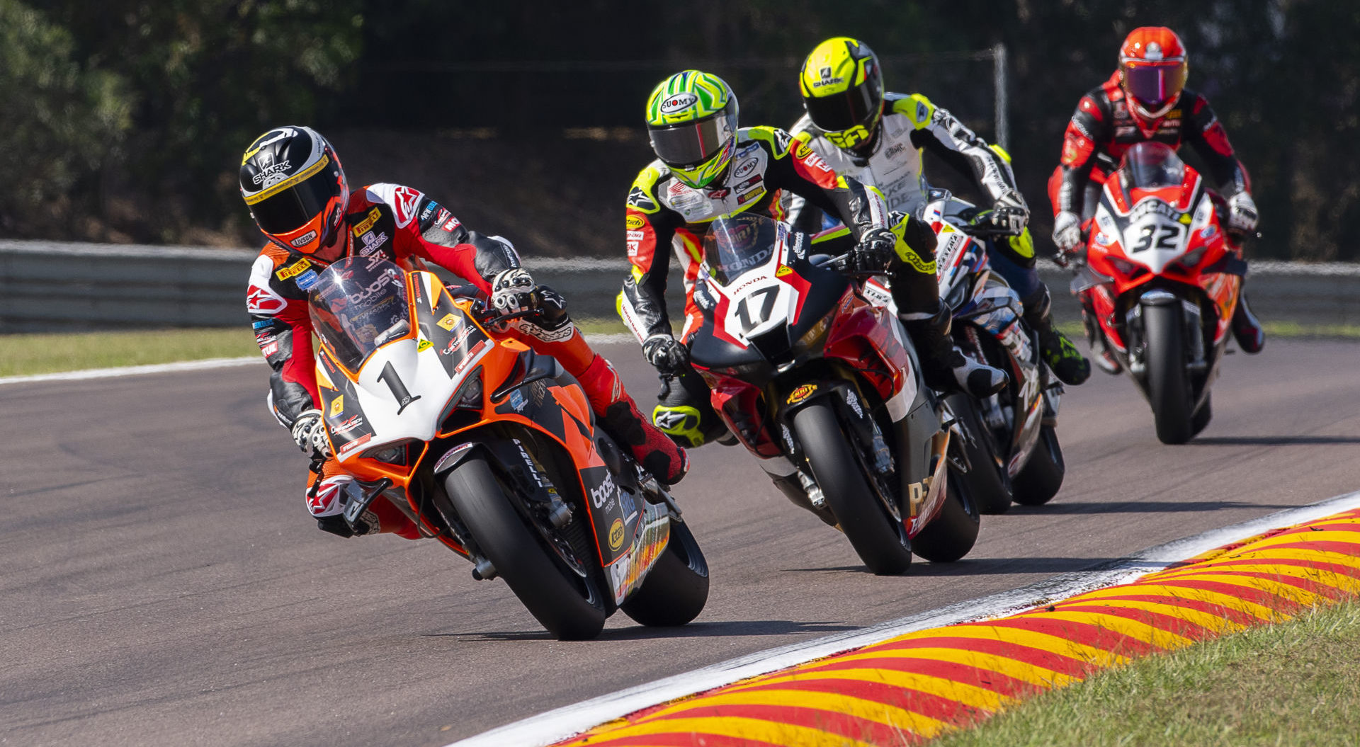 Wayne Maxwell (1) leads Troy Herfoss (17), Glenn Allerton (behind Herfoss), and Oli Bayliss (32) during Race One at Hidden Valley Raceway. Photo by Optikal Phtoography, courtesy ASBK.