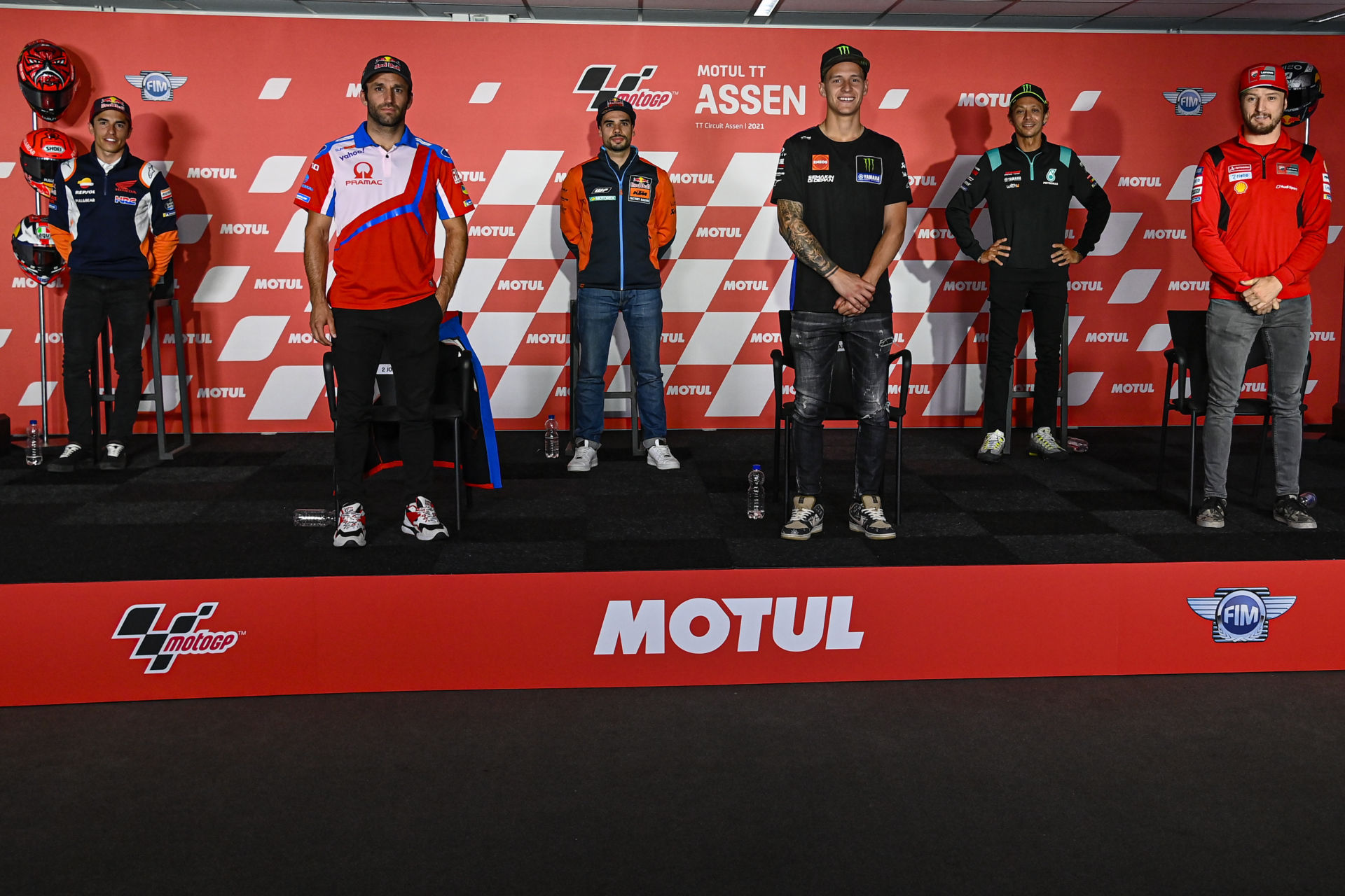 MotoGP riders (from left) Marc Marquez, Johann Zarco, Miguel Oliveira, Fabio Quartararo, Valentino Rossi, and Jack Miller at the pre-event press conference at Assen. Photo courtesy Dorna.