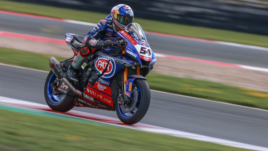 Toprak Razgatlioglu (54) at speed at Navarra. Photo courtesy Dorna WorldSBK Press Office.