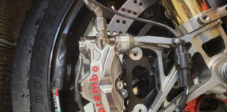 Brembo racing brake caliper on a MotoAmerica Superbike. Photo by Keith Perry.