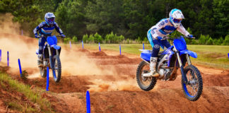 A 2022-model Yamaha YZ450F (left) and YZ250F (right) at speed. Photo courtesy Yamaha Motor Corp., U.S.A.