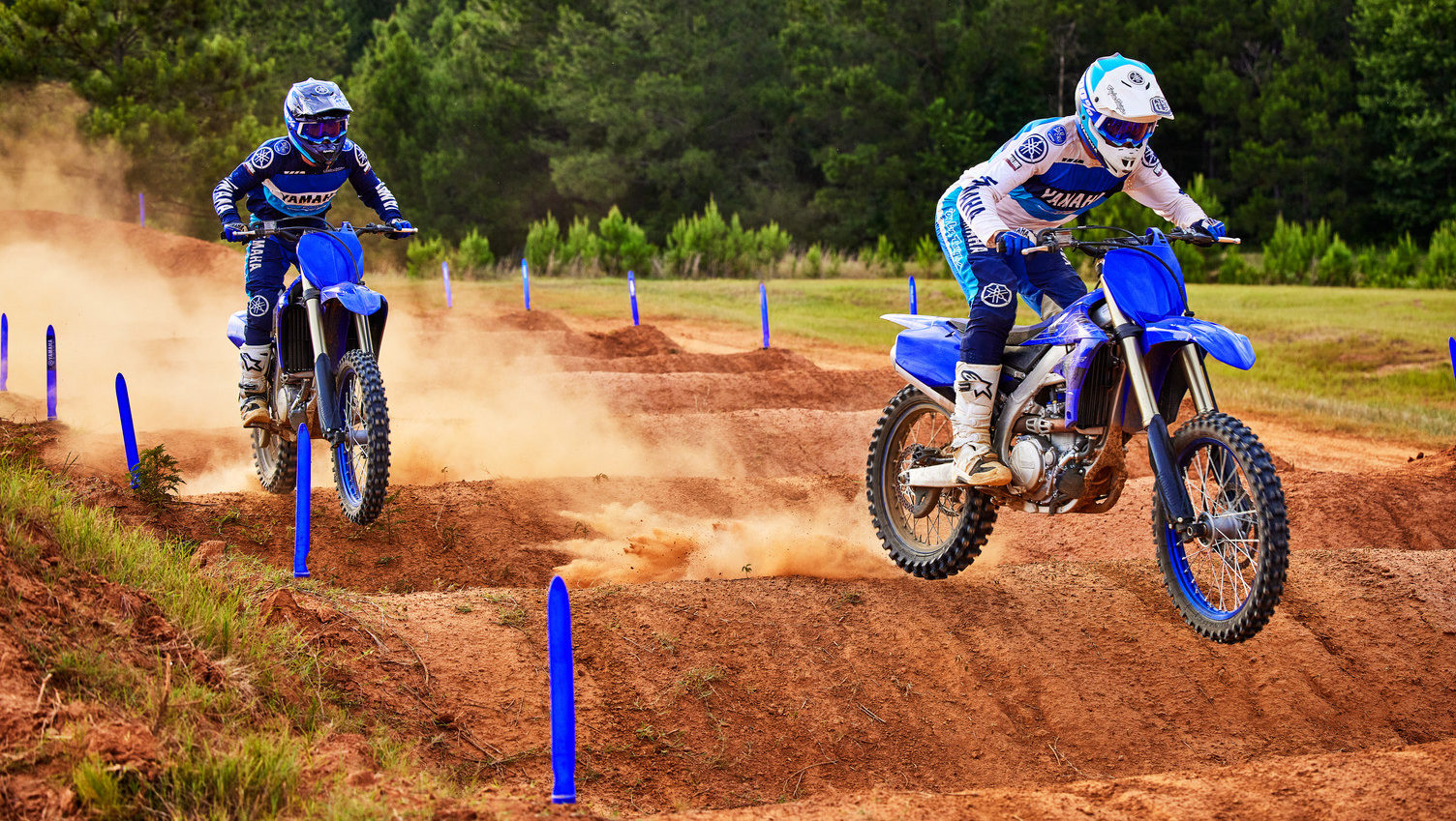 A 2022-model Yamaha YZ450F (left) and YZ250F (right) at speed. Photo courtesy Yamaha Motor Corp., U.S.A.