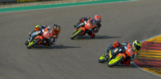 American Mikey Sanchez (55) chases Vesco Cesar (48) and Luis Lopez (43) at MotorLand Aragon. Photo courtesy Sanchez Racing.