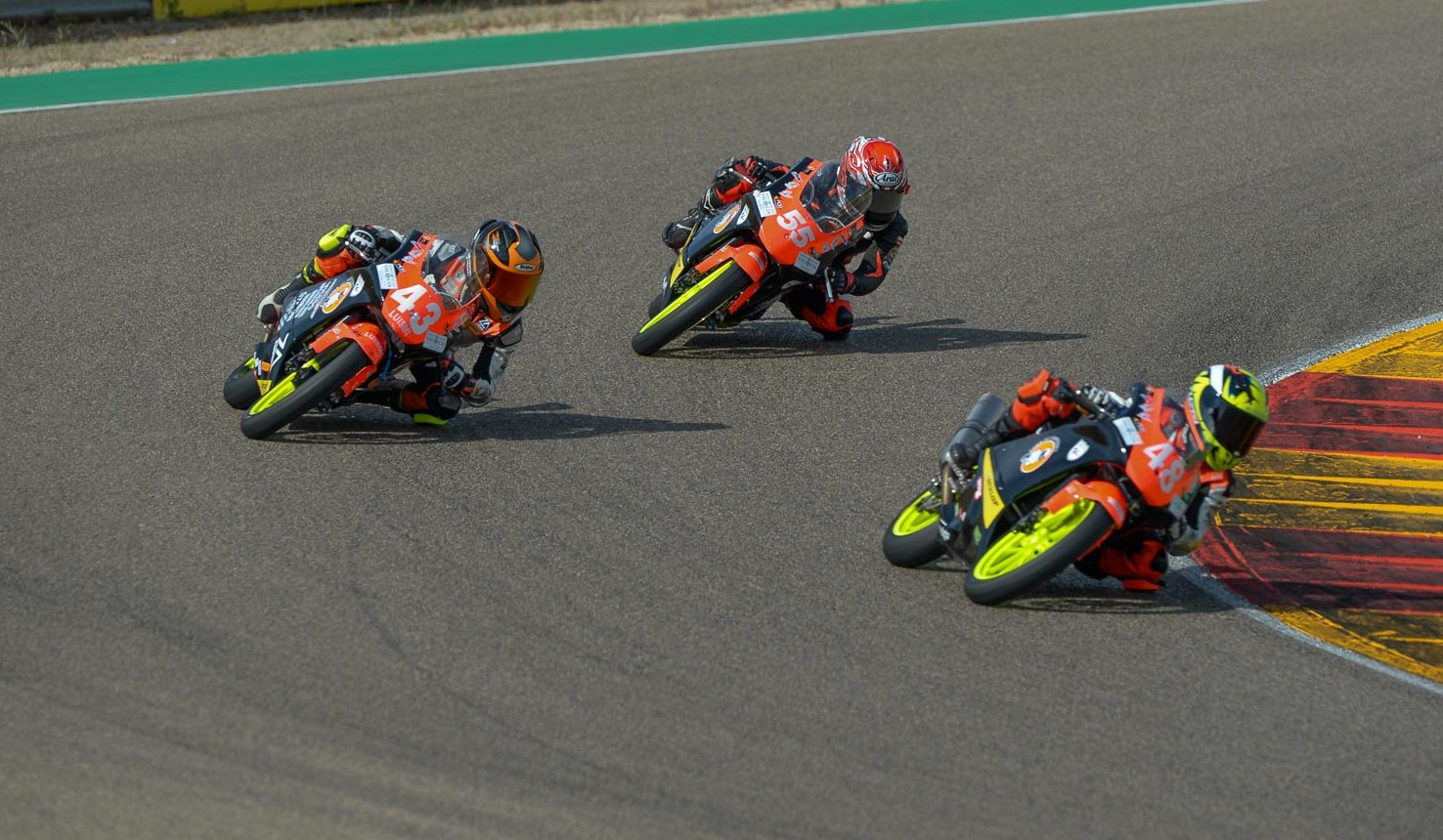 American Mikey Sanchez (55) chases Vesco Cesar (48) and Luis Lopez (43) at MotorLand Aragon. Photo courtesy Sanchez Racing.