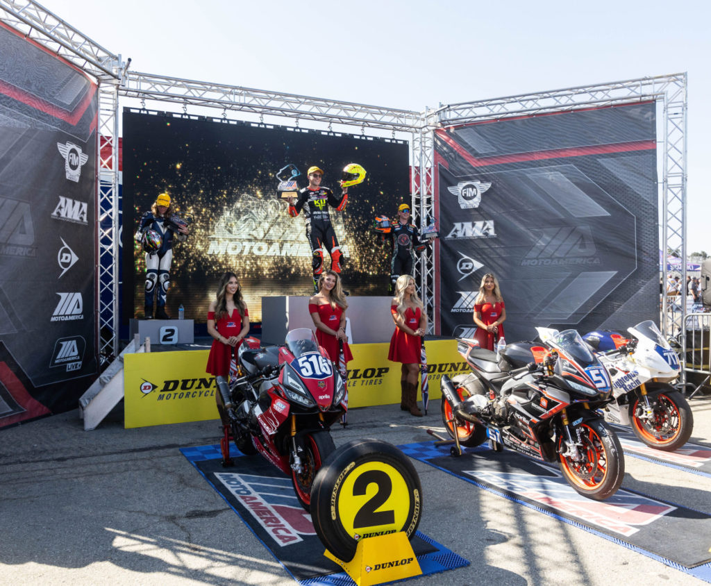 Aprilia swept the MotoAmerica Twins Cup podium at Laguna Seca with Kaleb De Keyrel (center) winning over runner-up Anthony Mazziotto (left) and third-place finisher Jody Barry (right). Photo courtesy Aprilia.