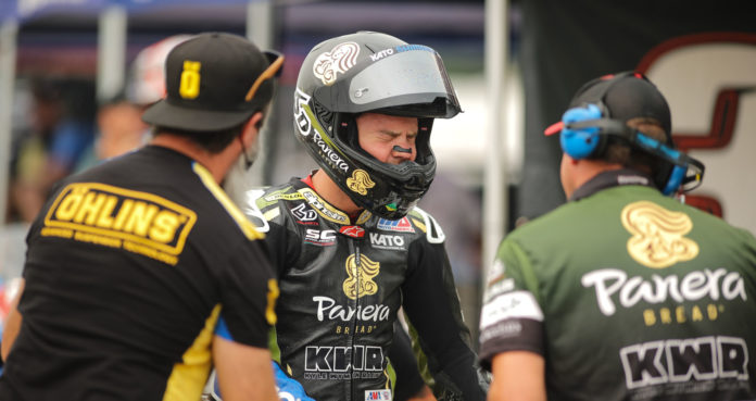 Kyle Wyman grimaces after riding his Panera Bread Ducati Superbike at Brainerd. Photo by Brian J. Nelson.