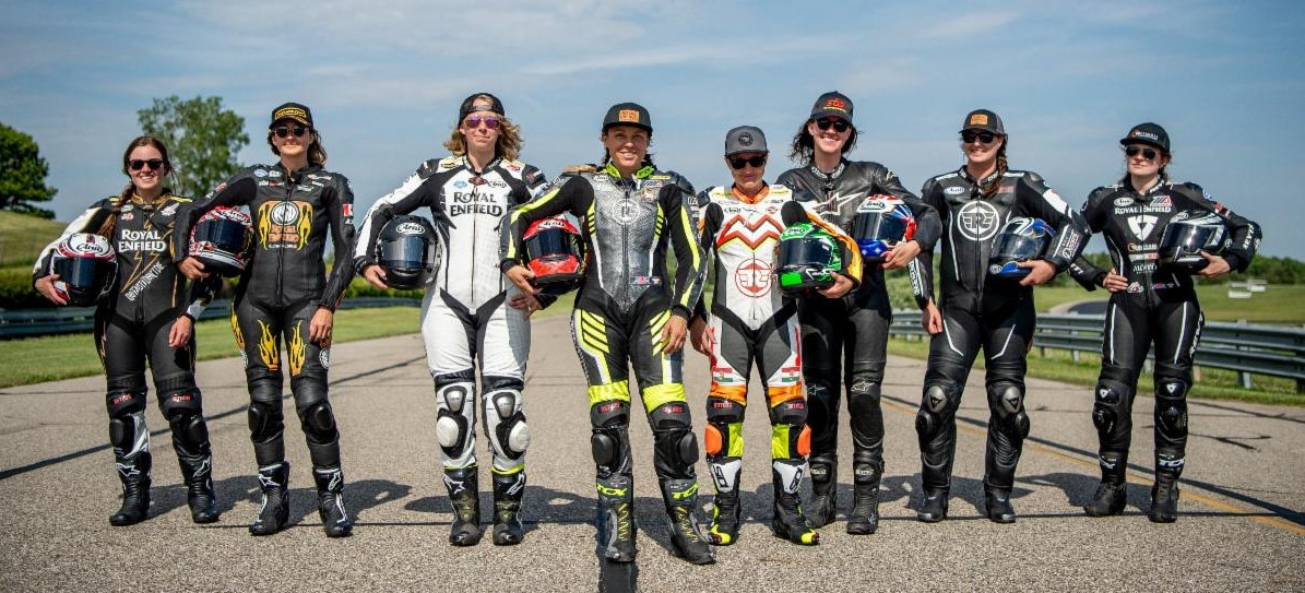 Melissa Paris (fourth from left) and the women of Royal Enfield BTR Road Race are ready to put their hard work to the test at Brainerd International Raceway this Sunday, August 1. Photo courtesy Royal Enfield North America.