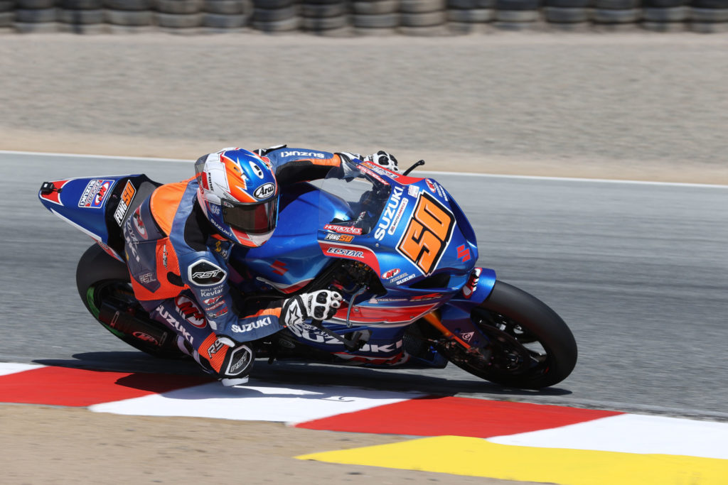 Bobby Fong (50) raced hard and delivered two solid top-ten finishes at Laguna Seca. Photo by Brian J. Nelson, courtesy Suzuki Motor USA.