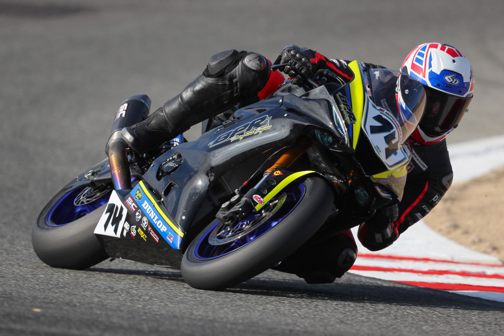 Bryce Prince (74), as seen riding a Yamaha YZF-R6 in MotoAmerica Supersport at Laguna Seca in 2020. Photo by Brian J. Nelson.