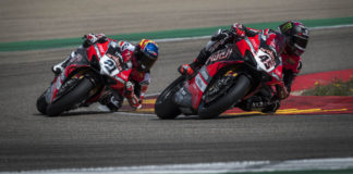 Ducati WorldSBK riders Scott Redding (45) and Michael Ruben Rinaldi (21) in action. Photo courtesy Ducati.