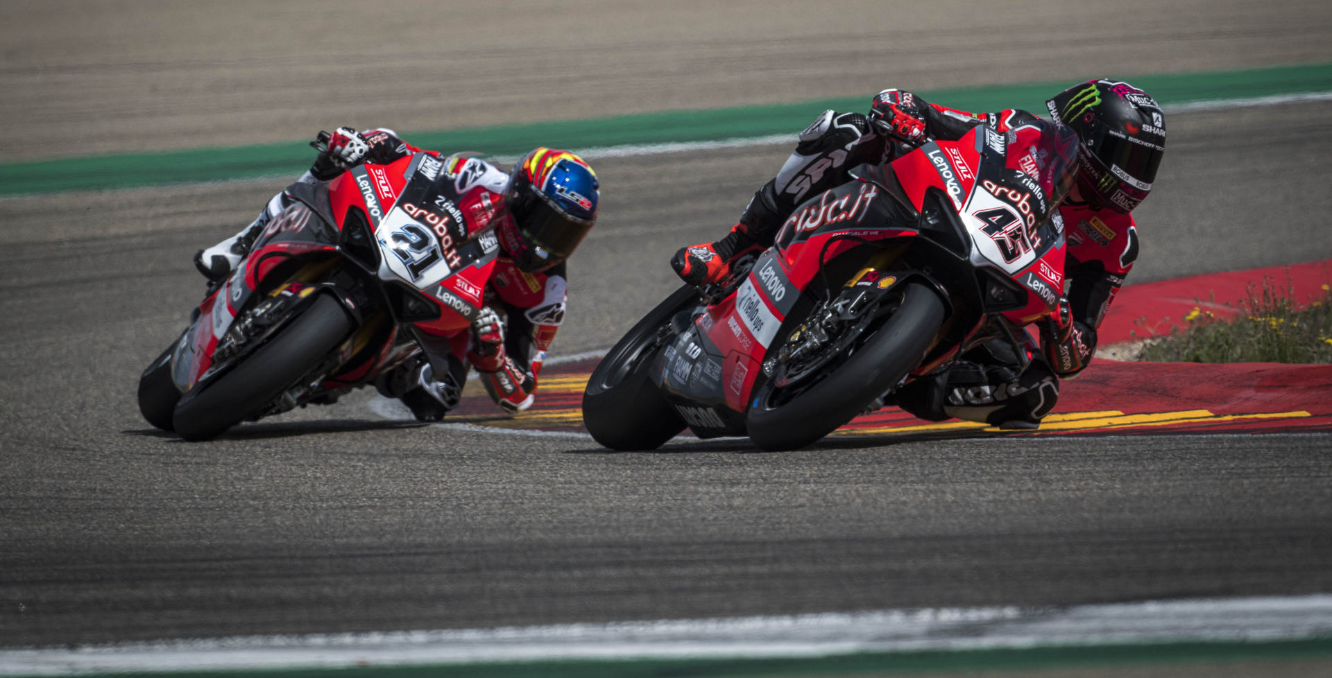 Ducati WorldSBK riders Scott Redding (45) and Michael Ruben Rinaldi (21) in action. Photo courtesy Ducati.