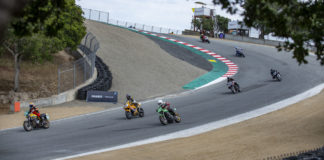 AHRMA racers Michael Butler (757), John Deuser (189), Dave Crussell (119), Mathew Morse (055), Mike Root (R66), Alex Spanos (L29), and Kevin McKee (900) in action at Laguna Seca. Photo by Kevin McIntosh, courtesy AHRMA.