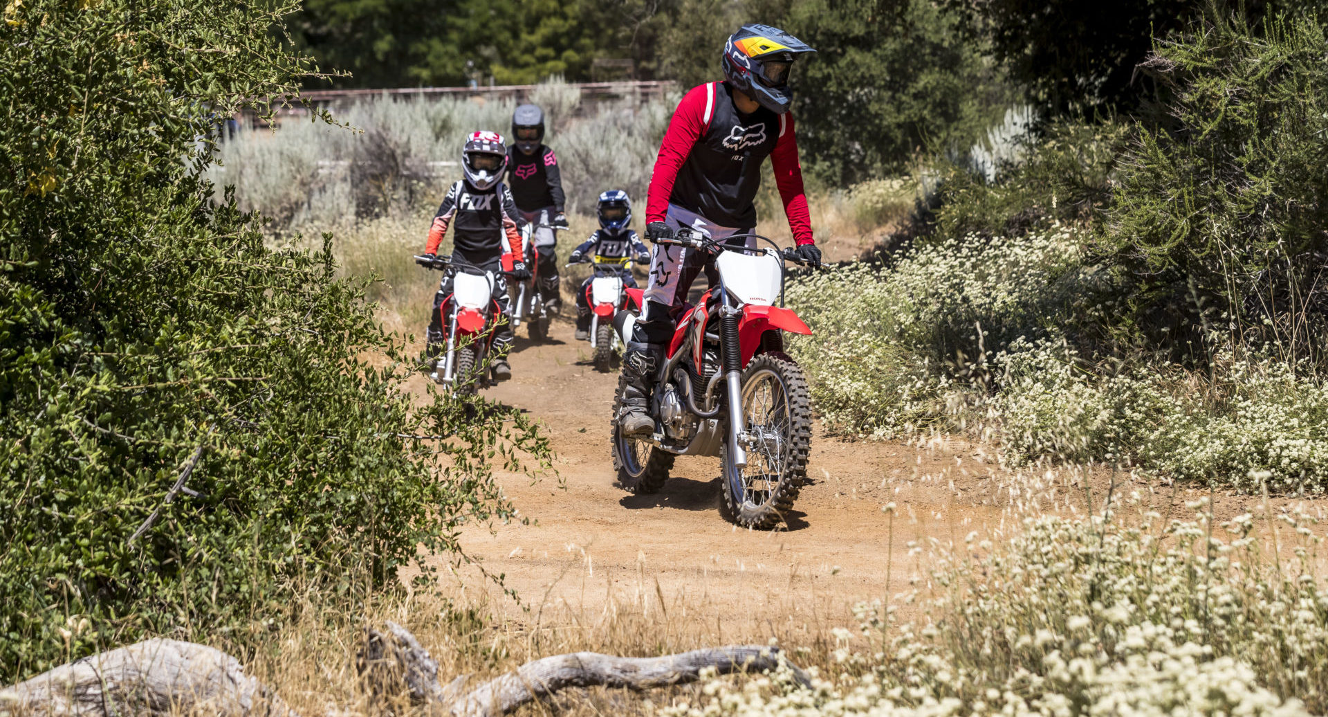 A group of riders on 2022-model Honda CRF off-road motorcycles. Photo courtesy American Honda.