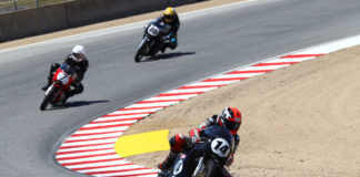 Brian Larrabure (14) leads David Roper (7) and Helmi Niederer (80) during an AHRMA Vintage Cup race at Laguna Seca. Photo by etechphoto.com, courtesy AHRMA.
