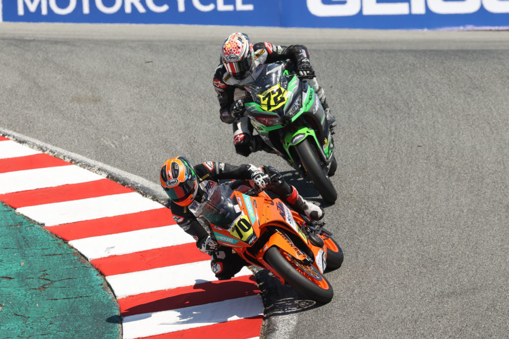 Tyler Scott (70) held off Ben Gloddy (72) to win SportbikeTrackGear.com Junior Cup Race Two. Photo by Brian J. Nelson, courtesy MotoAmerica.