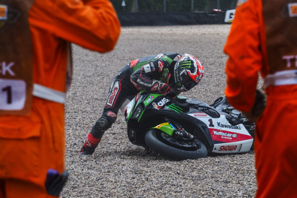 Jonathan Rea (1) crashed during Race Two. Photo courtesy Dorna WorldSBK Press Office.