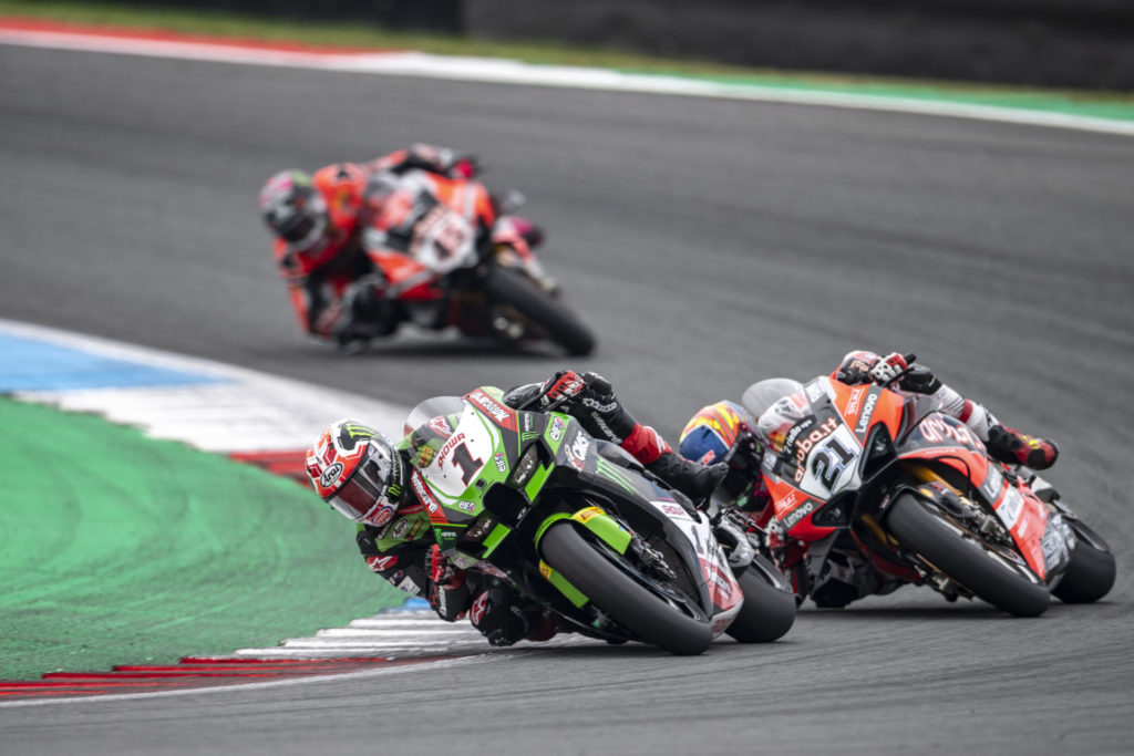 Jonathan Rea (1) leads Michael Ruben Rinaldi (21) and Scott Redding (45) at Assen. Photo courtesy Kawasaki.