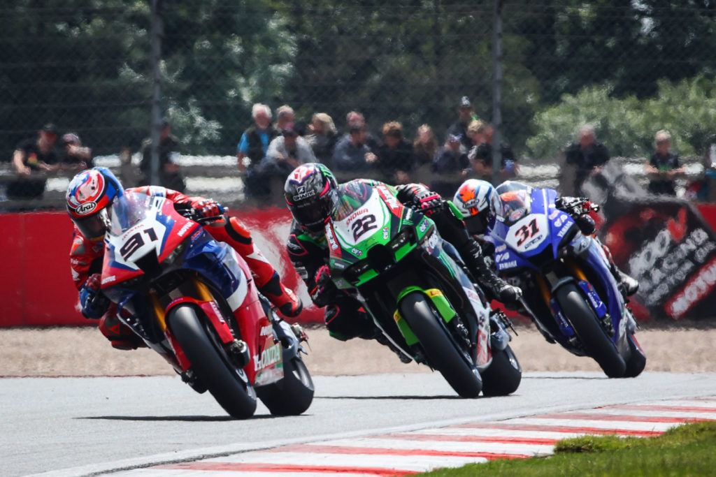 Leon Haslam (91), Alex Lowes (22), and Garrett Gerloff (31) in action during Race One. Photo courtesy Dorna.