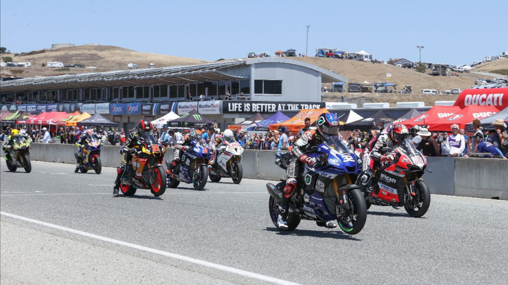 The start of MotoAmerica HONOS Superbike Race Two at Laguna Seca. Photo by Brian J. Nelson, courtesy MotoAmerica.