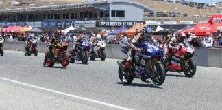 The start of MotoAmerica HONOS Superbike Race Two at Laguna Seca. Photo by Brian J. Nelson, courtesy MotoAmerica.