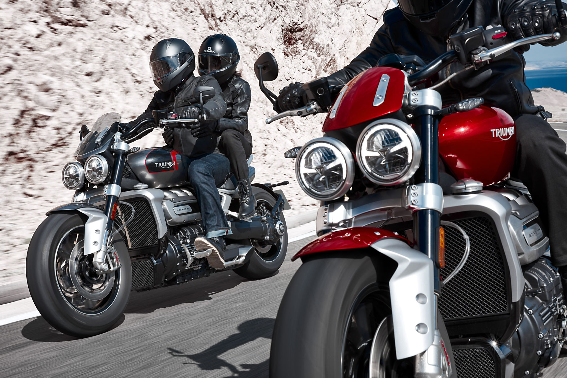 Triumph Rocket 3 cruisers at speed. Photo courtesy Triumph.