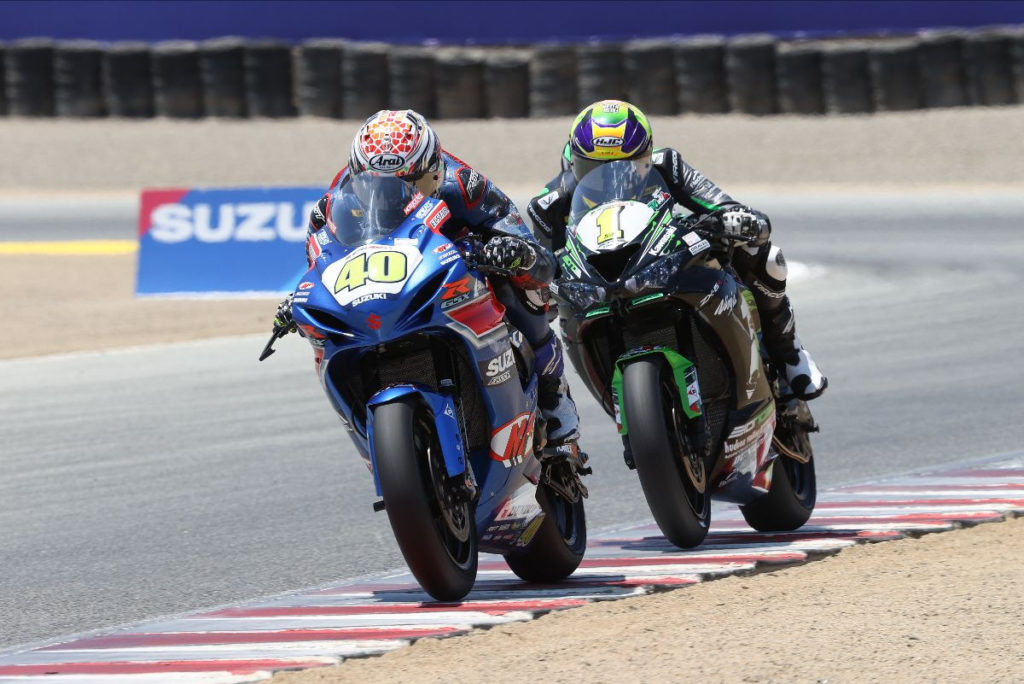 As always, it was Sean Dylan Kelly (40) vs. Richie Escalante (1) in the Supersport race on Saturday at WeatherTech Raceway Laguna Seca. Photo by Brian J. Nelson, courtesy MotoAmerica.